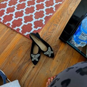 Black Suede Shoes with Rhinestone Butterfly 🦋 on top.